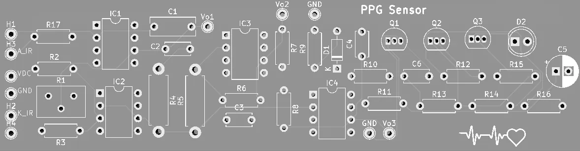 KiCad render of the PPG Sensor board layout, top side.