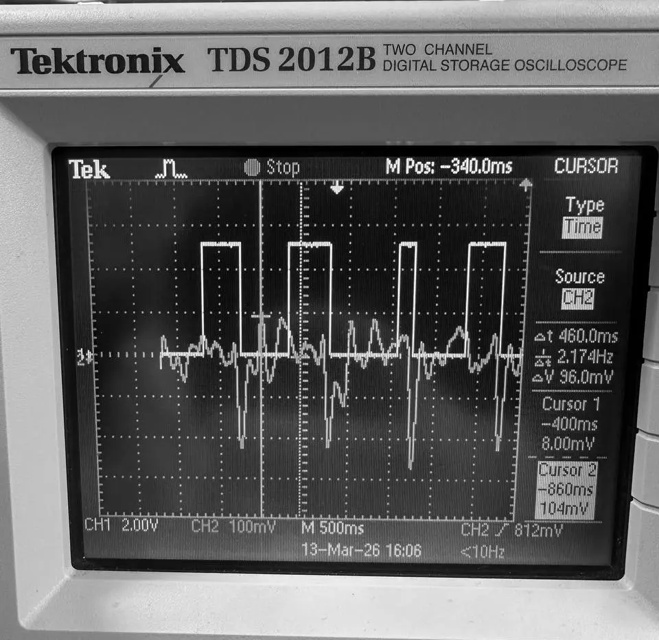 Tektronix TDS 2012B capture: CH2 photodiode signal and CH1 comparator output. Cursors read Δt 460.0 ms, 1/Δt 2.174 Hz, ΔV 96.0 mV.